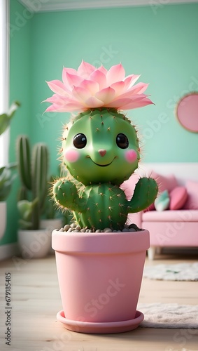 Cute smiling cactus in a pot, in a living room 