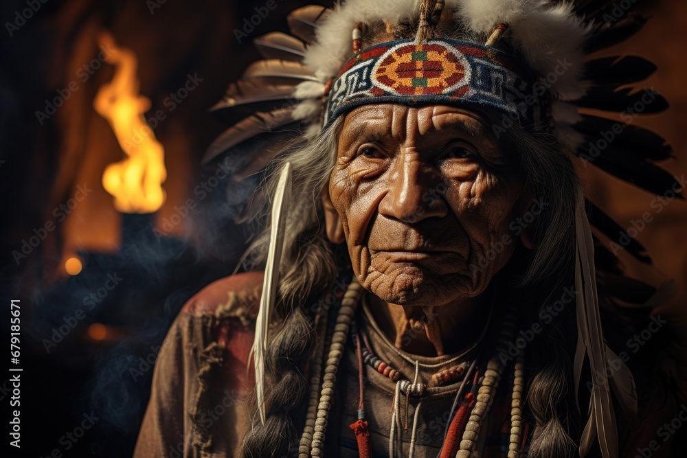 Portrait capturing the essence of indigenous culture. Man adorned with traditional feathered headdress and beaded necklace, exudes sense of strength and heritage against black background, indigenous i Portrait capturing the essence of indigenous culture. Man adorned with traditional feathered headdress and beaded necklace, exudes sense of strength and heritage against black background, indigenous i