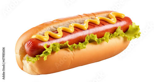 Delicious hot dog with mustard and lettuce, cut out