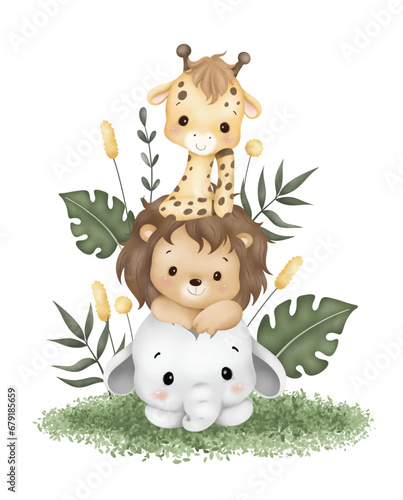 Watercolor Illustration cute baby safari animals sit on green grass and tropical leaves