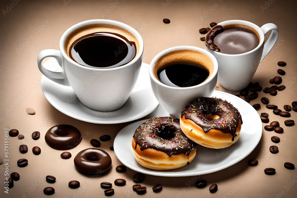 Coffee time - two cups of Caffe Americano with small chocolate donuts Coffee time - two cups of Caffe Americano with small chocolate donuts