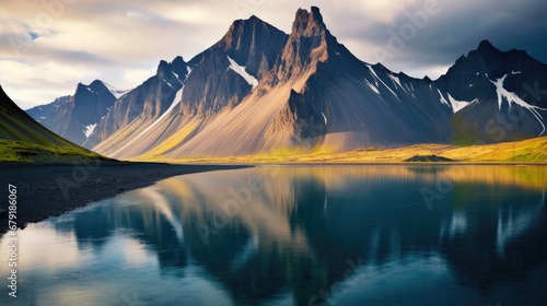 sunset over the mountains,  summer scene of Stokksnes headland with Vestrahorn (Batman Mountain). Iceland, Europe. Artistic style post processed photo