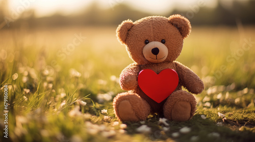 teddy bear holding a heart on grass