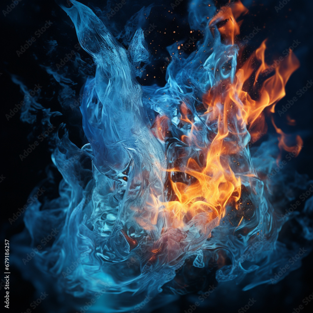 Fotografia con detalle de fuego con parte de las llamas congeladas, sobre fondo de tonos oscuros Fotografia con detalle de fuego con parte de las llamas congeladas, sobre fondo de tonos oscuros