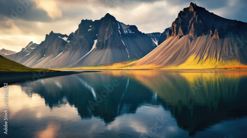 sunset over the mountains, summer scene of Stokksnes headland with Vestrahorn (Batman Mountain). Iceland, Europe. Artistic style post processed