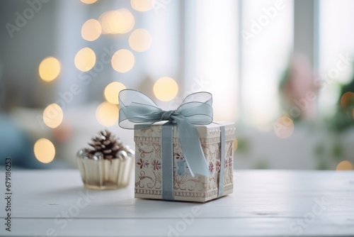 Christmas gift box with blue ribbon bow on a table in cozy light living room