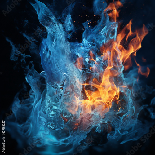 Fotografia con detalle de fuego con parte de las llamas congeladas, sobre fondo de tonos oscuros