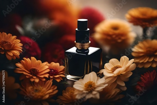 perfume flacon with vermilion floral background photo