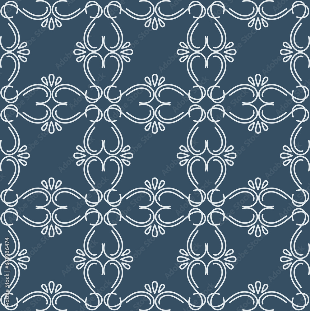 Geometric line seamless pattern in dark blue and white colors. Vector illustration.