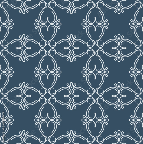 Geometric line seamless pattern in dark blue and white colors. Vector illustration.