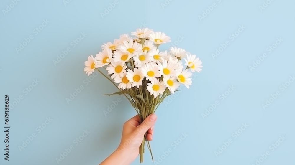 Hand holding a bunch of daisies in blue background Hand holding a bunch of daisies in blue background