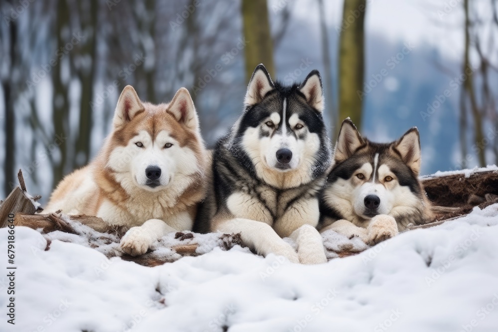 husky dogs resting in the snow