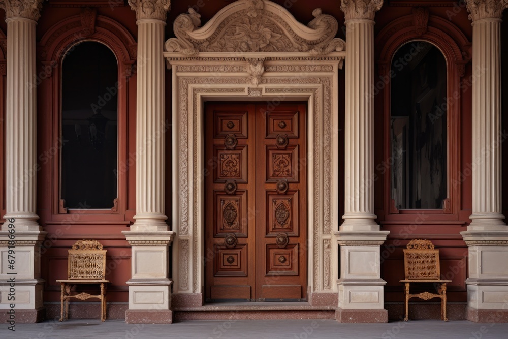 front door framed by intricate corbels of an italianate mansion