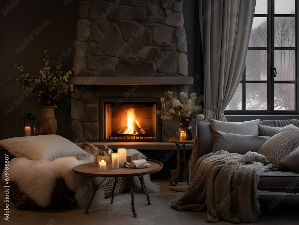 Cozy fire place room interior. Warm blanket and coffee table Cozy fire place room interior. Warm blanket and coffee table