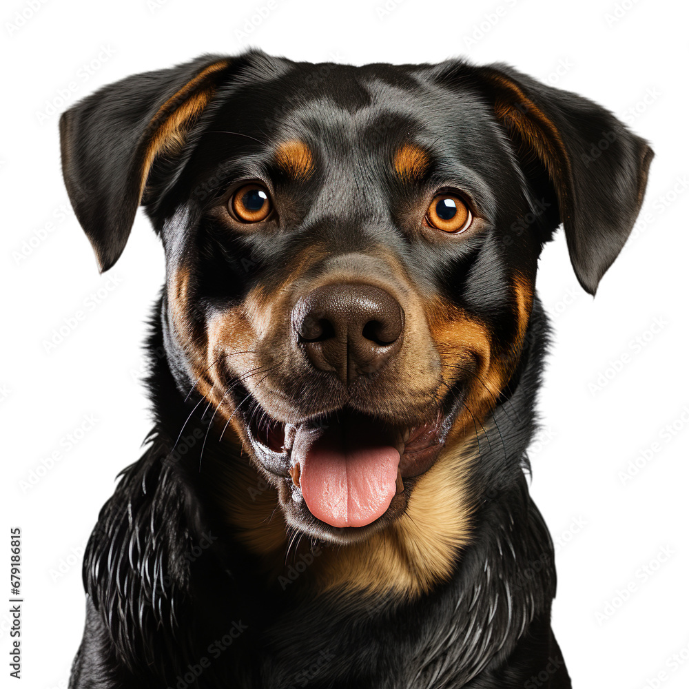 Obraz premium front view close up of rottweiler dog isolated on a white transparent background 