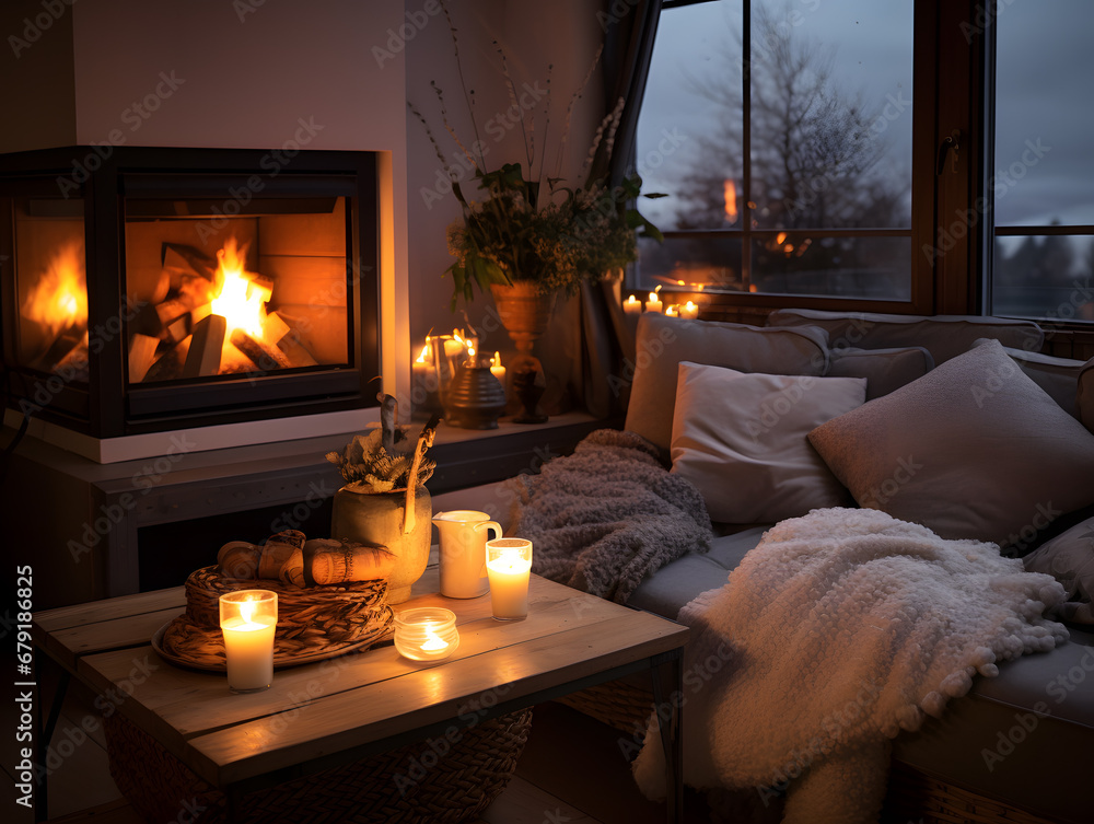 Cozy fire place room interior. Warm blanket and coffee table Cozy fire place room interior. Warm blanket and coffee table