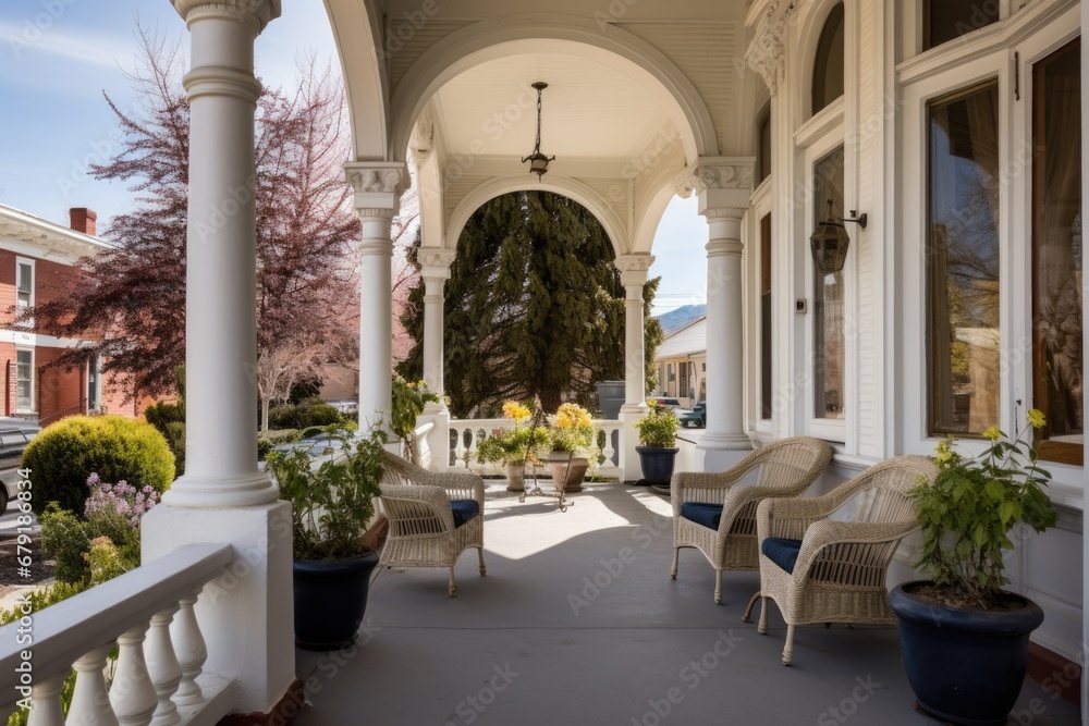 italianate front porch with tall, rounded windows