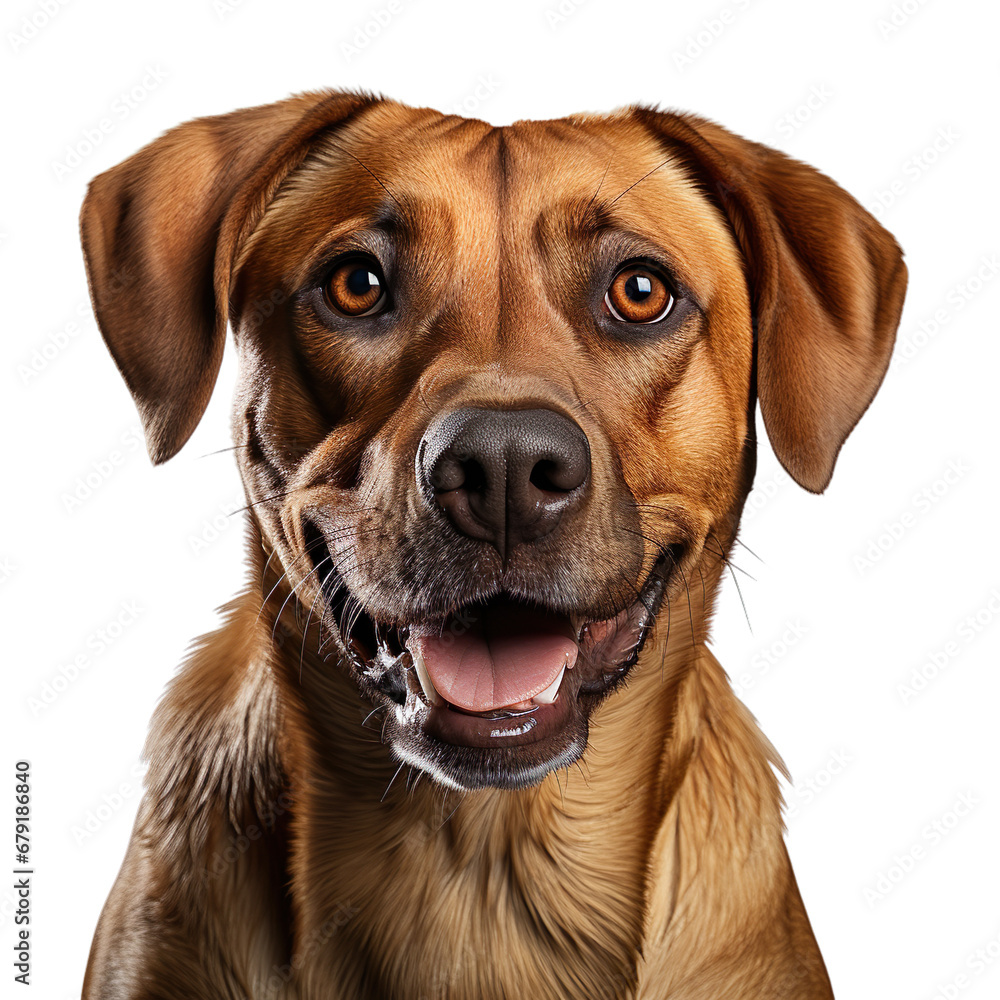 front view close up of Rhodesian Ridgeback dog isolated on a white transparent background 