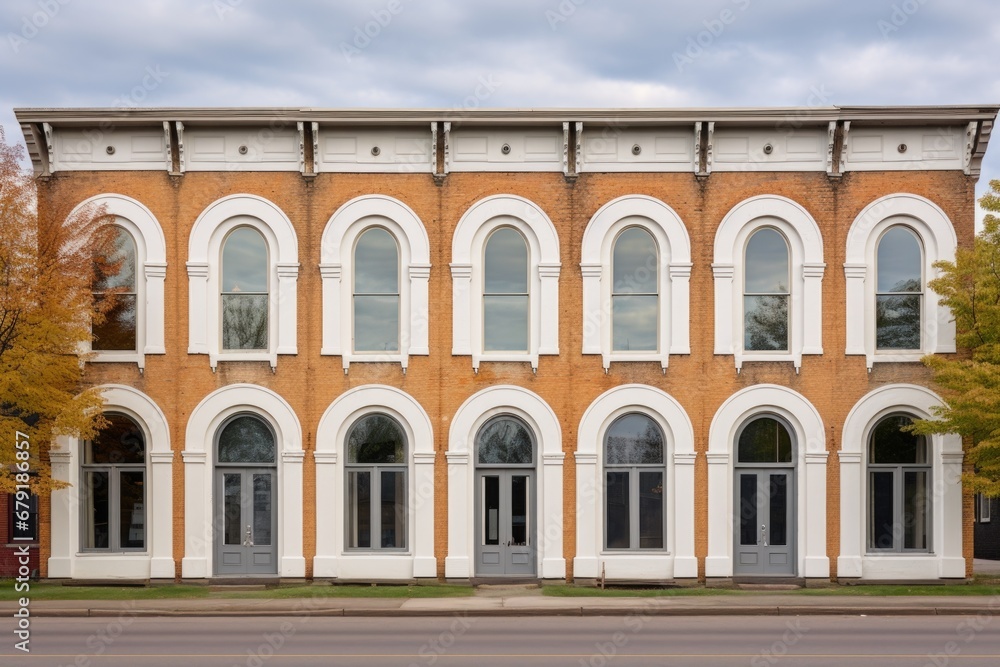 italianate building front with row of tall, rounded windows