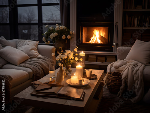 Cozy fire place room interior. Warm blanket and coffee table