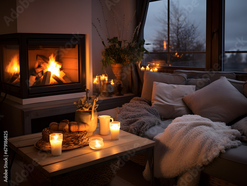 Cozy fire place room interior. Warm blanket and coffee table