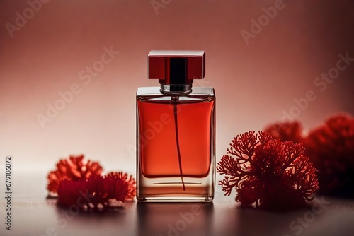 vermilion red perfume bottle presentation , flacon and red corals decoration