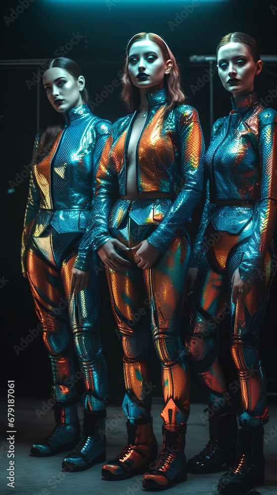 Three young beautiful women in futuristic costumes in teal and orange colors. Fashion of future concept.