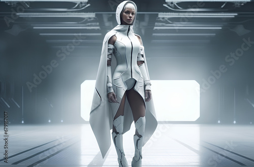 Young woman in white futuristic costume in spaceship interior. Fashion of future concept.