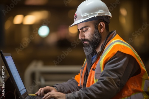 Professional Factory Worker Engaged in Maintenance Tasks Using a Laptop at an Oil Refinery