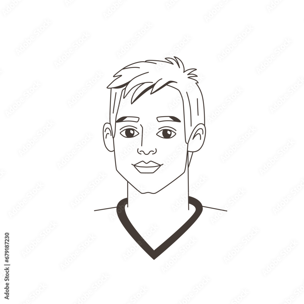 Portrait of young man in doodle hand drawn style. Guys avatar, face, head, sketch, line, outline. Simple vector illustration.