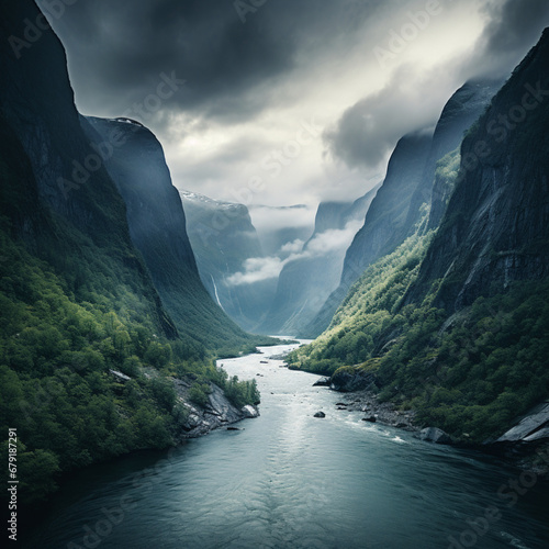 Fotografia con detalle de paisaje natural de rio entre grandes acantilados con vegetación © Iridium Creatives