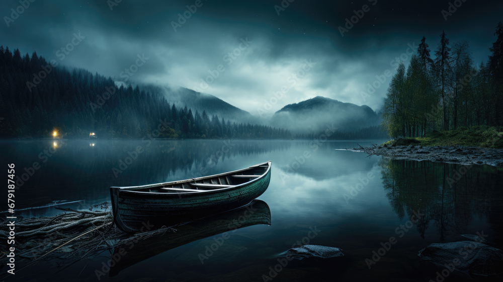 Fototapeta premium A Boat on the Lake at Sunset with fog Landscape background, calm 