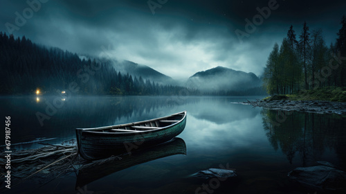 A Boat on the Lake at Sunset with fog Landscape background, calm 