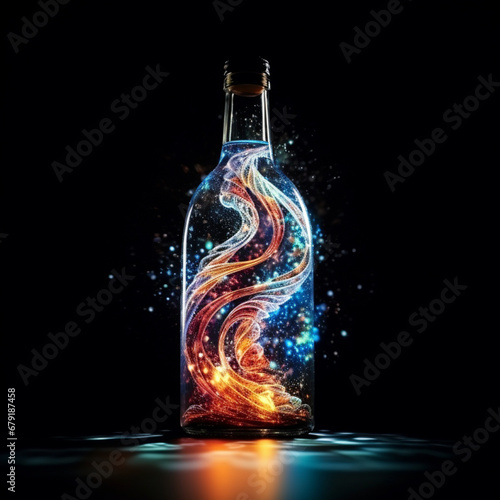 fotografia con detalle de botella de cristal con mezcla e liquido y luces de colores en su interior, con fondo de color negro