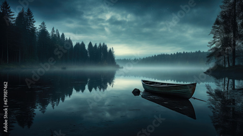 A Boat on the Lake at Sunset with fog  Landscape background, calm  © Planetz