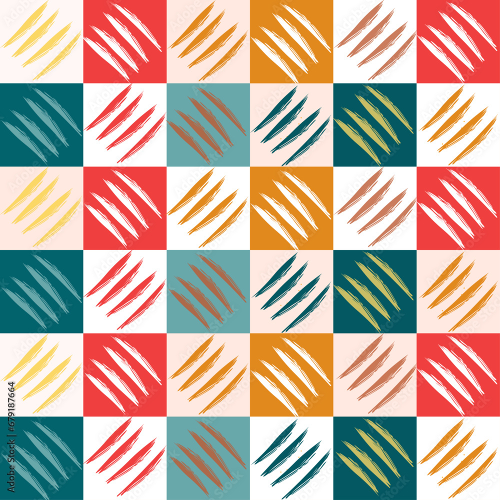A simple abstract seamless pattern with diagonal lines on the background of a multicolored grid of squares. Ethnic bright print. Vector graphics. A simple abstract seamless pattern with diagonal lines on the background of a multicolored grid of squares. Ethnic bright print. Vector graphics.