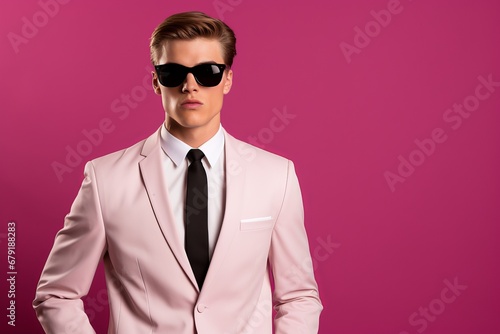 Blonde Man in Pink Shirt and Glasses on Pink Background - Stylish and Handsome Fashion Model