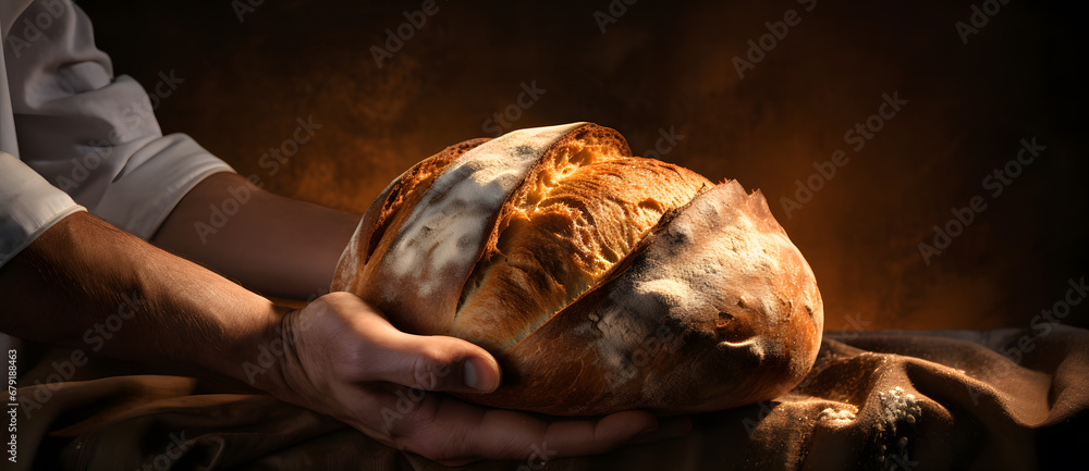 Man's hands holding loaf of bread. Bread baking concept photo