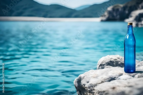 mineral water bottle in a scenic river background