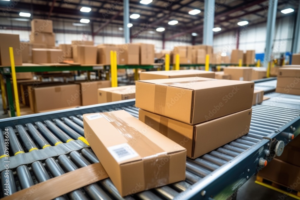 stacked shipping boxes on a warehouse conveyor stacked shipping boxes on a warehouse conveyor