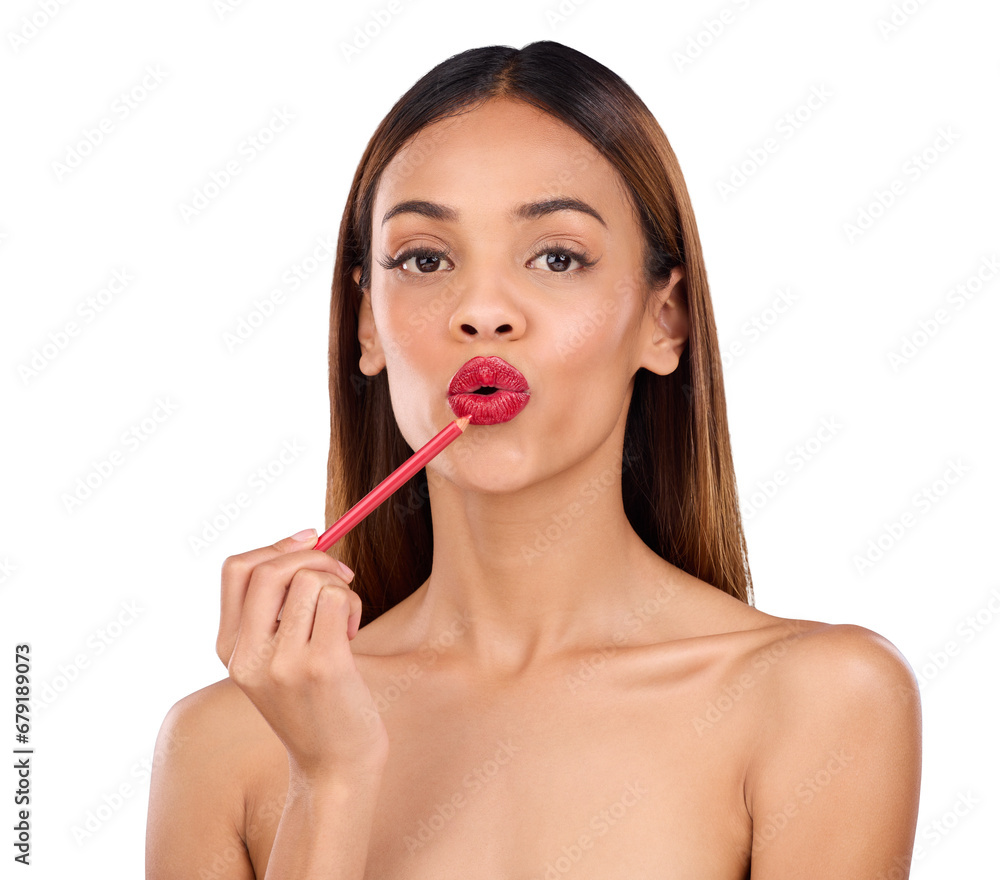 Isolated woman, makeup and pencil for lips, portrait and pouting with beauty by transparent png background. Girl, model and lipstick for red color, glow and cosmetic change process for transformation Isolated woman, makeup and pencil for lips, portrait and pouting with beauty by transparent png background. Girl, model and lipstick for red color, glow and cosmetic change process for transformation