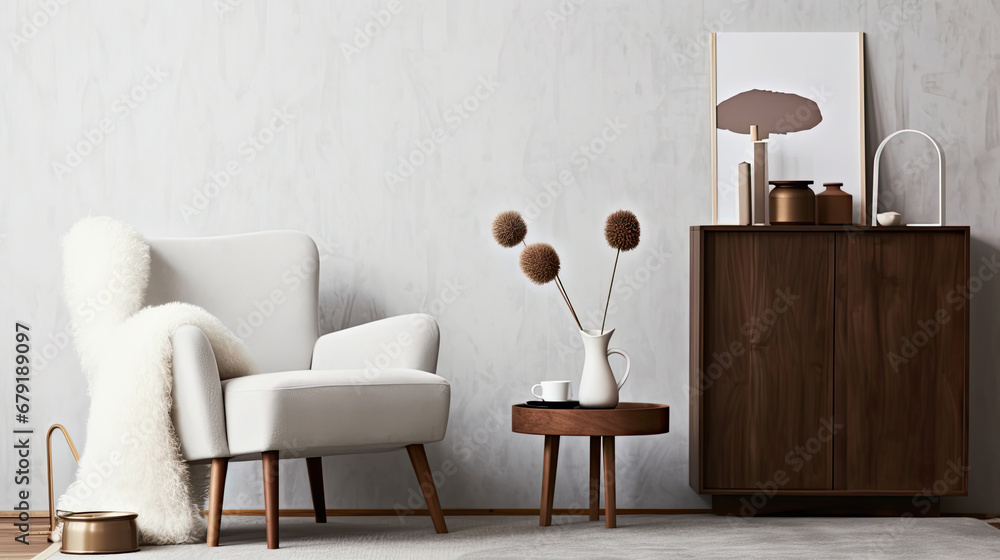 Fototapeta premium white interior of living room, cozy living room interior design with mock up poster frame, fluffy armchair, folding screen, coffee table, commode and personal accessories. Modern style. Template.