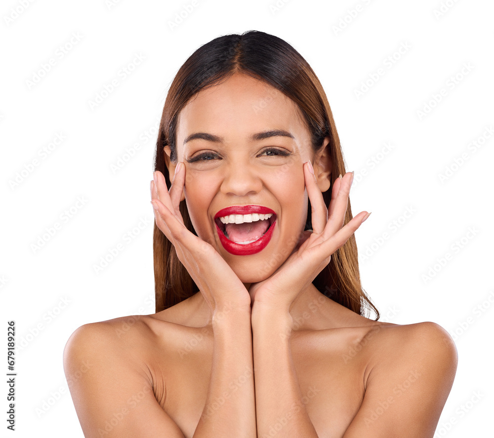 Beauty, makeup and portrait of excited woman with lipstick on isolated, png and transparent background. Aesthetic, luxury salon and face of happy person with red lips, gloss and cosmetics product Beauty, makeup and portrait of excited woman with lipstick on isolated, png and transparent background. Aesthetic, luxury salon and face of happy person with red lips, gloss and cosmetics product