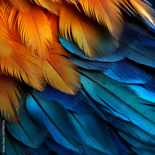 Fotografia de primer plano con detalle de varias plumas con tonos azules y naranjas © Iridium Creatives