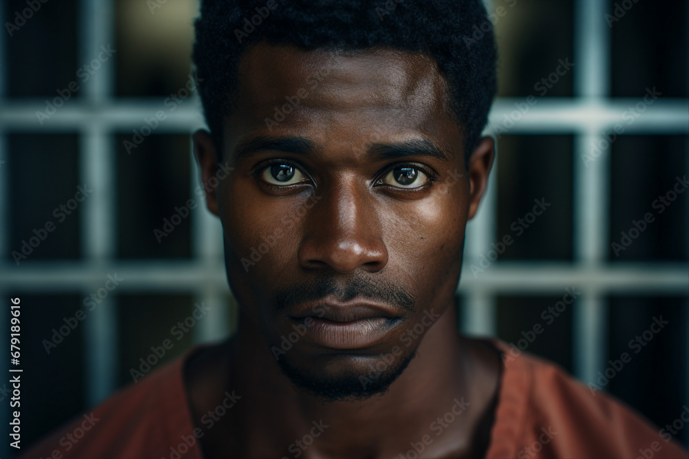 Guilty criminal person standing behind prison cage bars Generative AI creative illustration Guilty criminal person standing behind prison cage bars Generative AI creative illustration