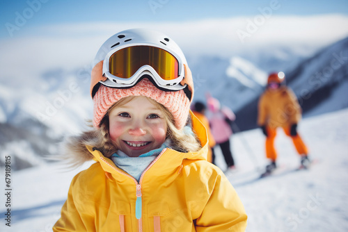 Generative AI small children learn how to snowboarding climbing up down mountain resort christmas time