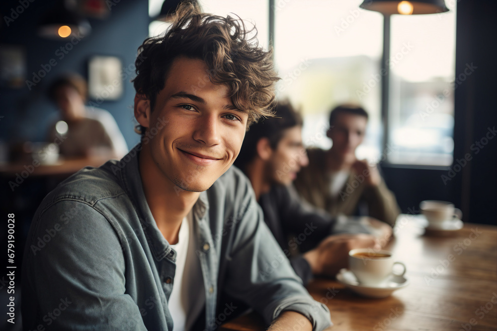 Generative AI portrait of confident city citizen person enjoying weekend time drinking coffee in modern cafe
