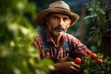 Generative AI picture of nature autumn farm colorful image attractive man farmer working in garden