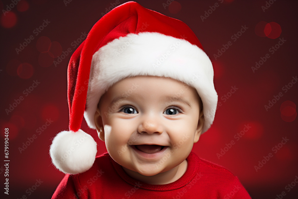 Generative AI closeup picture adorable little baby toddler age wearing christmas costume santa claus cap Generative AI closeup picture adorable little baby toddler age wearing christmas costume santa claus cap