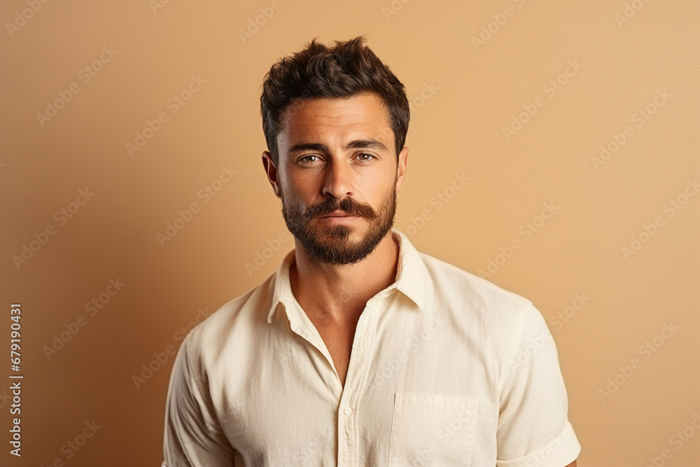 Generative AI portrait of a very handsome brown hair man isolated on beige background Generative AI portrait of a very handsome brown hair man isolated on beige background